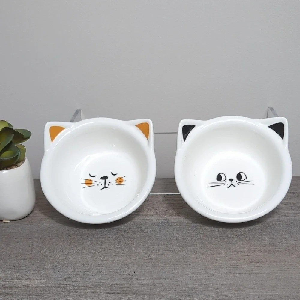 Vtg Cat Face Ceramic Pet Bowls Trinket Trays White Black Retro Heavy Duty Pair 2